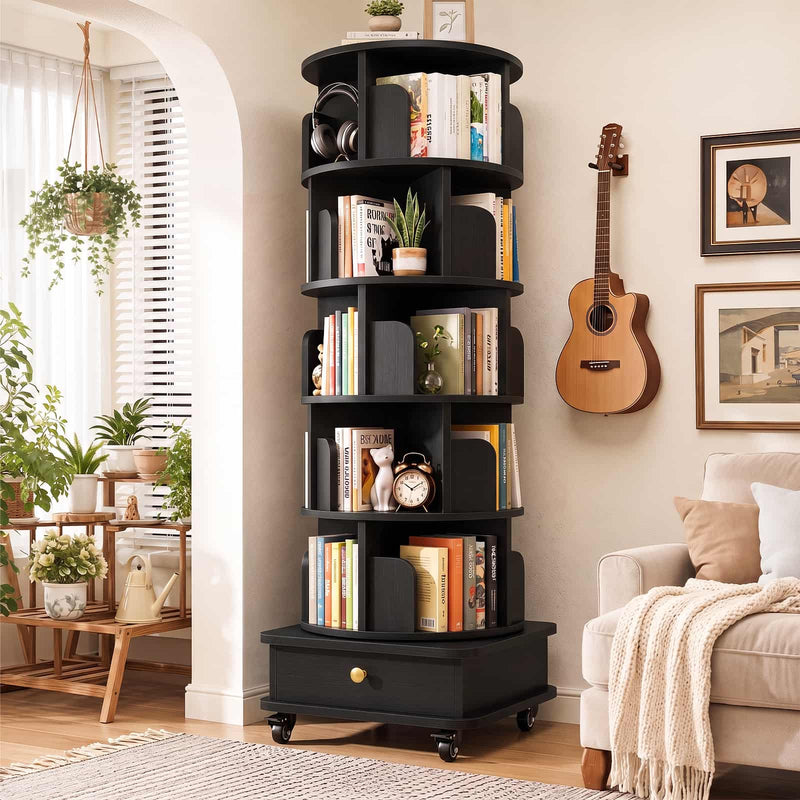 5-Tier Rotating Bookshelf, Corner Book Shelf with Drawer & Wheels, 70" Tall Solid Wood Spinning Bookcase