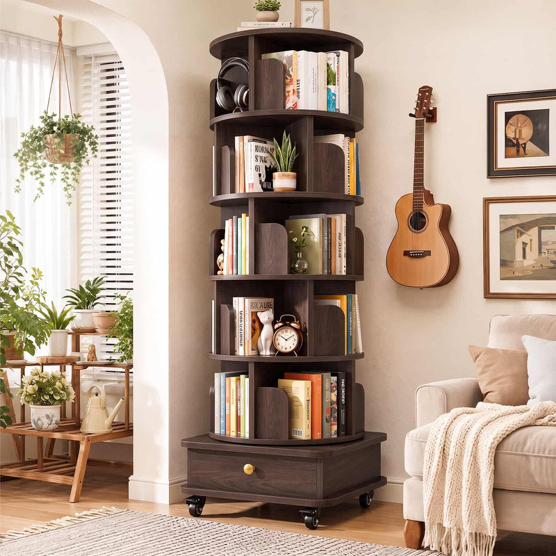 5-Tier Rotating Bookshelf, Corner Book Shelf with Drawer & Wheels, 70" Tall Solid Wood Spinning Bookcase