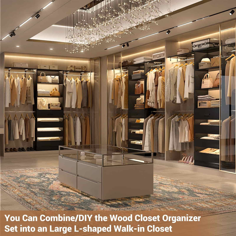 Closet System with 4 Drawers, 8FT Wood Closet Organizer Built In System Tower with Shelves & 4 Rods