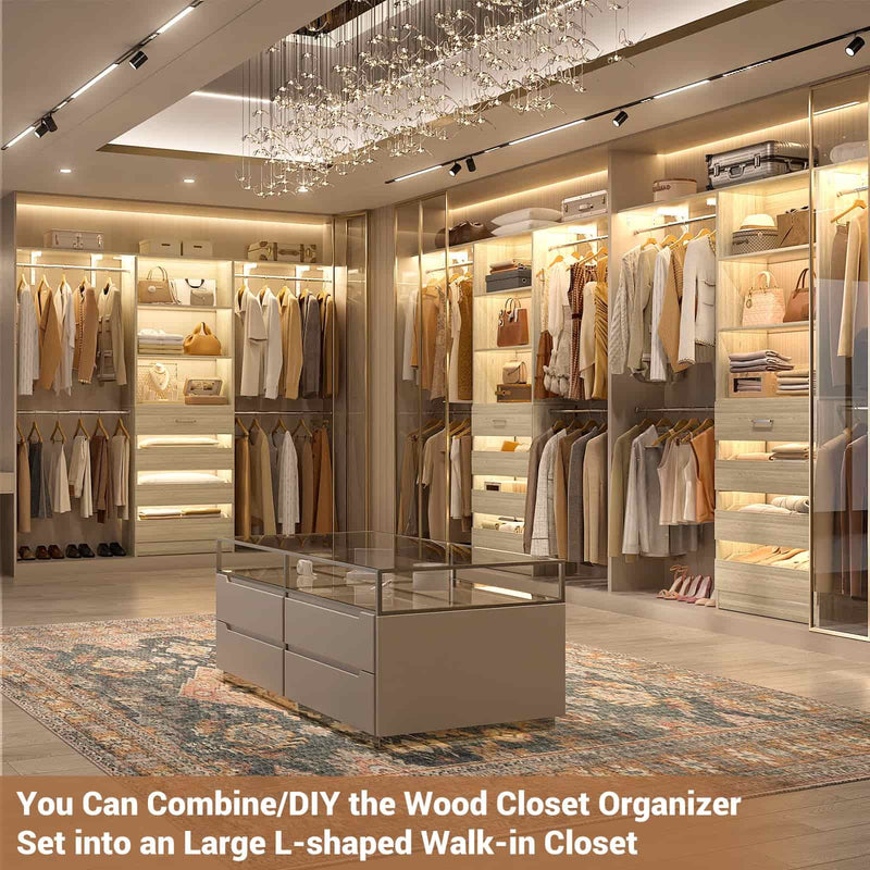 Closet System with 4 Drawers, 8FT Wood Closet Organizer Built In System Tower with Shelves & 4 Rods