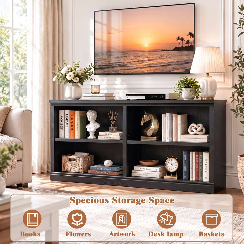 47" Wide Horizontal Bookshelf, 2-Tier 4 Cube Wooden Low Bookcase, Short Open Storage Organizer & TV Stand for Living Room, Home Office