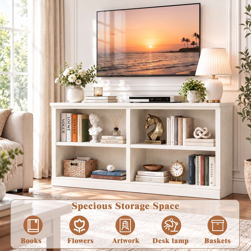 47" Wide Horizontal Bookshelf, 2-Tier 4 Cube Wooden Low Bookcase, Short Open Storage Organizer & TV Stand for Living Room, Home Office
