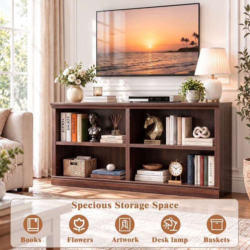 47" Wide Horizontal Bookshelf, 2-Tier 4 Cube Wooden Low Bookcase, Short Open Storage Organizer & TV Stand for Living Room, Home Office