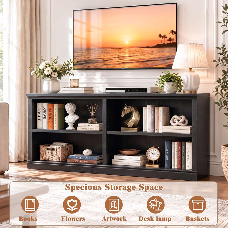63" Wide Horizontal Bookshelf, 2-Tier 4 Cube Wooden Low Bookcase, Modern Long Open Storage Organizer Cabinet & TV Stand for Living Room, Home Office