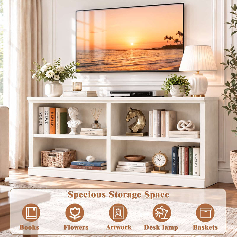 63" Wide Horizontal Bookshelf, 2-Tier 4 Cube Wooden Low Bookcase, Modern Long Open Storage Organizer Cabinet & TV Stand for Living Room, Home Office