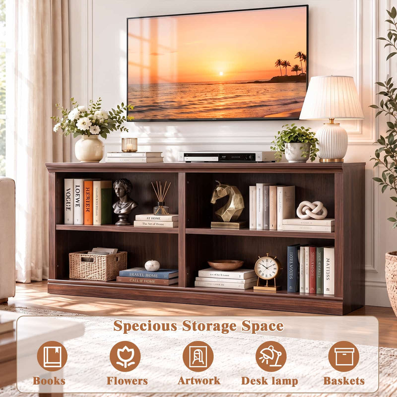 63" Wide Horizontal Bookshelf, 2-Tier 4 Cube Wooden Low Bookcase, Modern Long Open Storage Organizer Cabinet & TV Stand for Living Room, Home Office