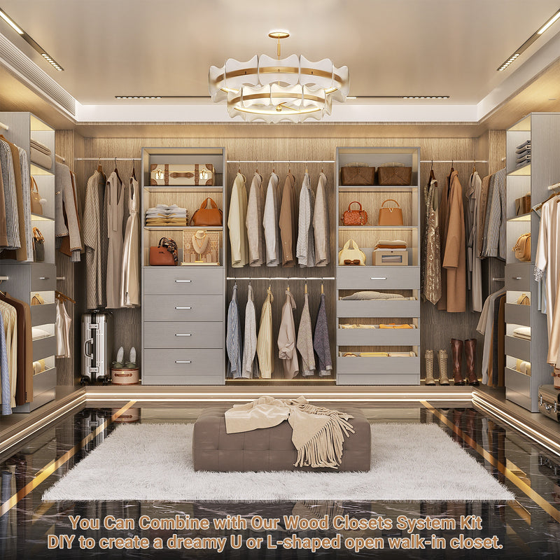 Modular Wood Closet Organizer System (6-15 ft) with 8 Drawers & 4 Hanging Rods