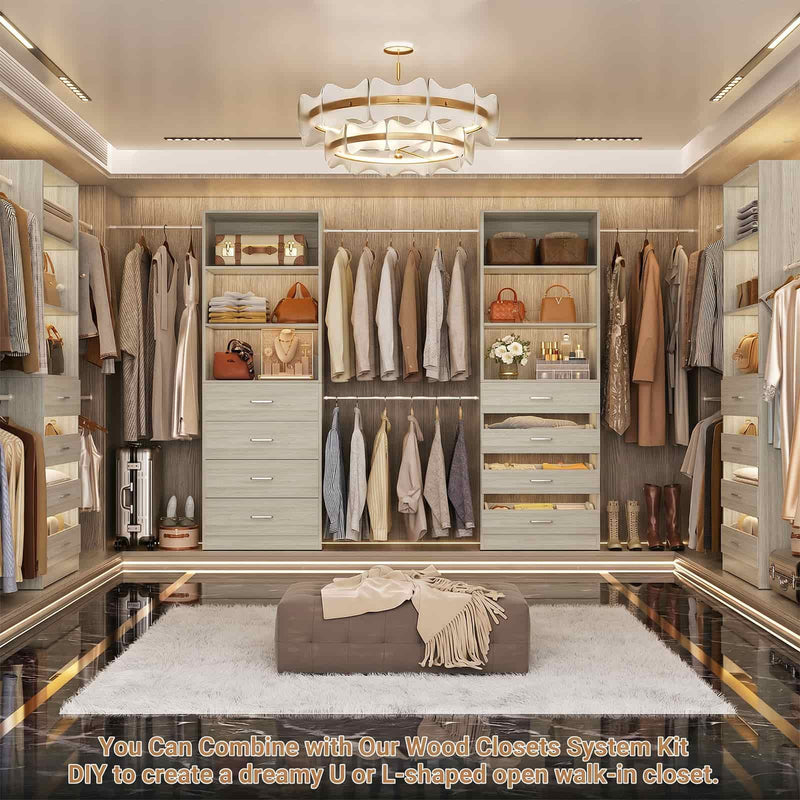Modular Wood Closet Organizer System (6-15 ft) with 8 Drawers & 4 Hanging Rods