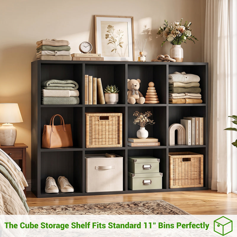 47.7" Wide 12-Cube Storage Shelf Bookcase, Wooden Open Organizer with Full Back Panel, Fits 11x11" Bins, Bookcase for Home Office, Bedroom