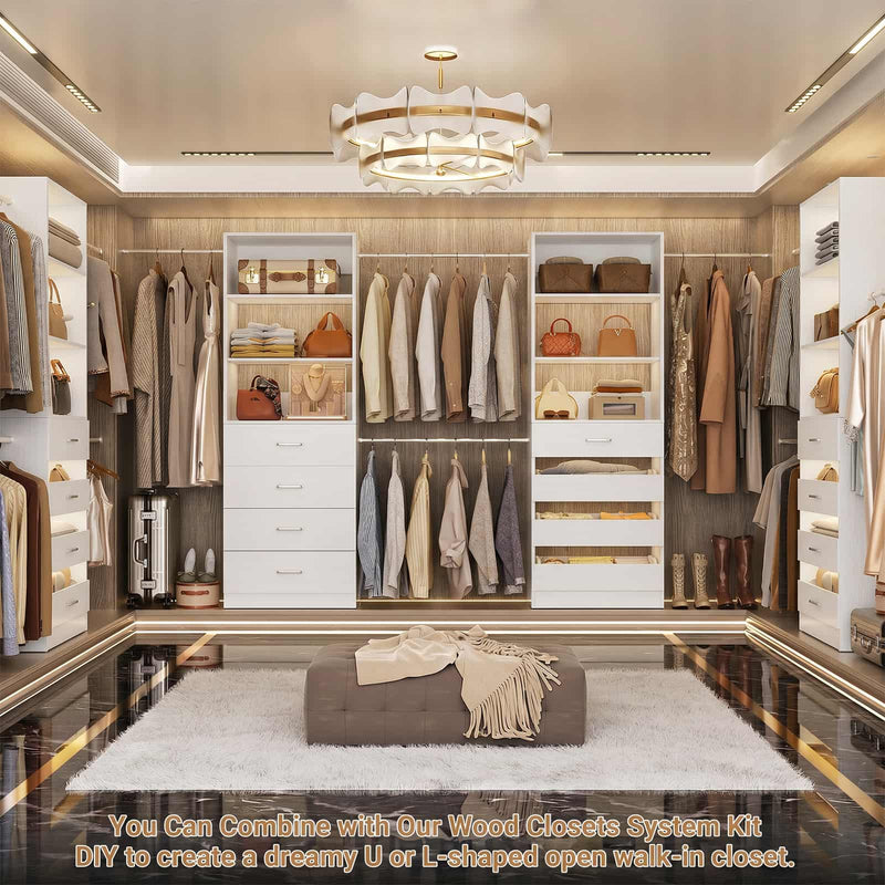 Modular Wood Closet Organizer System (6-15 ft) with 8 Drawers & 4 Hanging Rods