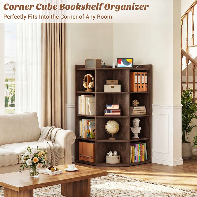 4-Tier 15 Cube Corner Bookshelf with Power Outlets
