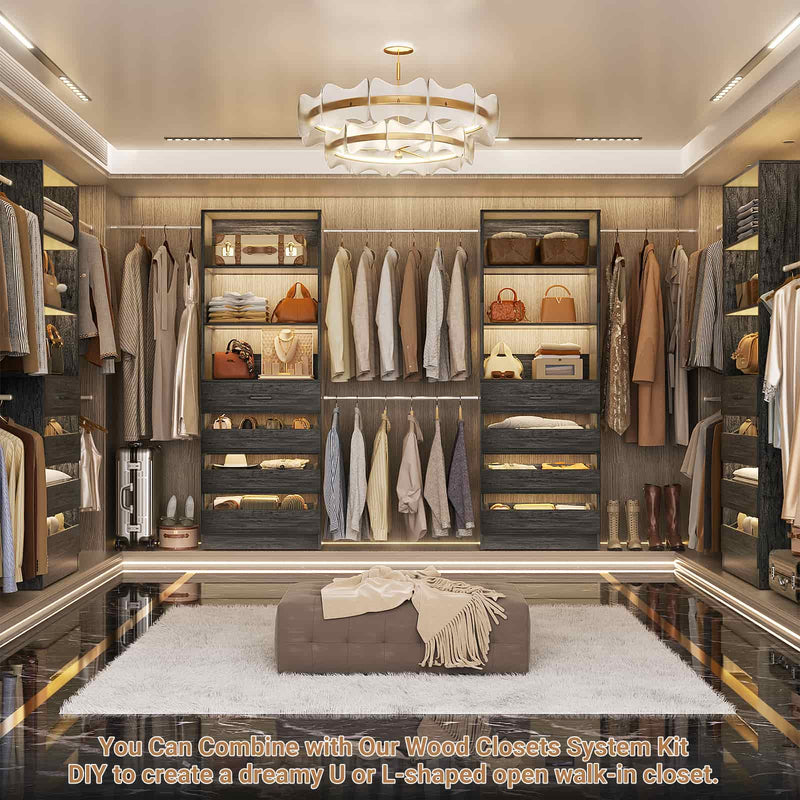 Modular Wood Closet Organizer System (6-15 ft) with 8 Drawers & 4 Hanging Rods