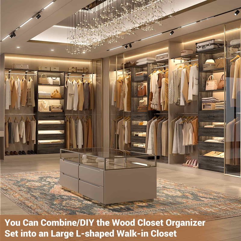 Closet System with 4 Drawers, 8FT Wood Closet Organizer Built In System Tower with Shelves & 4 Rods
