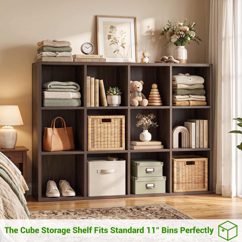 47.7" Wide 12-Cube Storage Shelf Bookcase, Wooden Open Organizer with Full Back Panel, Fits 11x11" Bins, Bookcase for Home Office, Bedroom