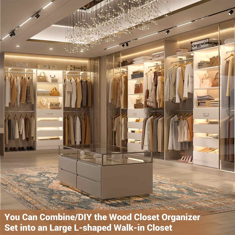 Closet System with 4 Drawers, 8FT Wood Closet Organizer Built In System Tower with Shelves & 4 Rods