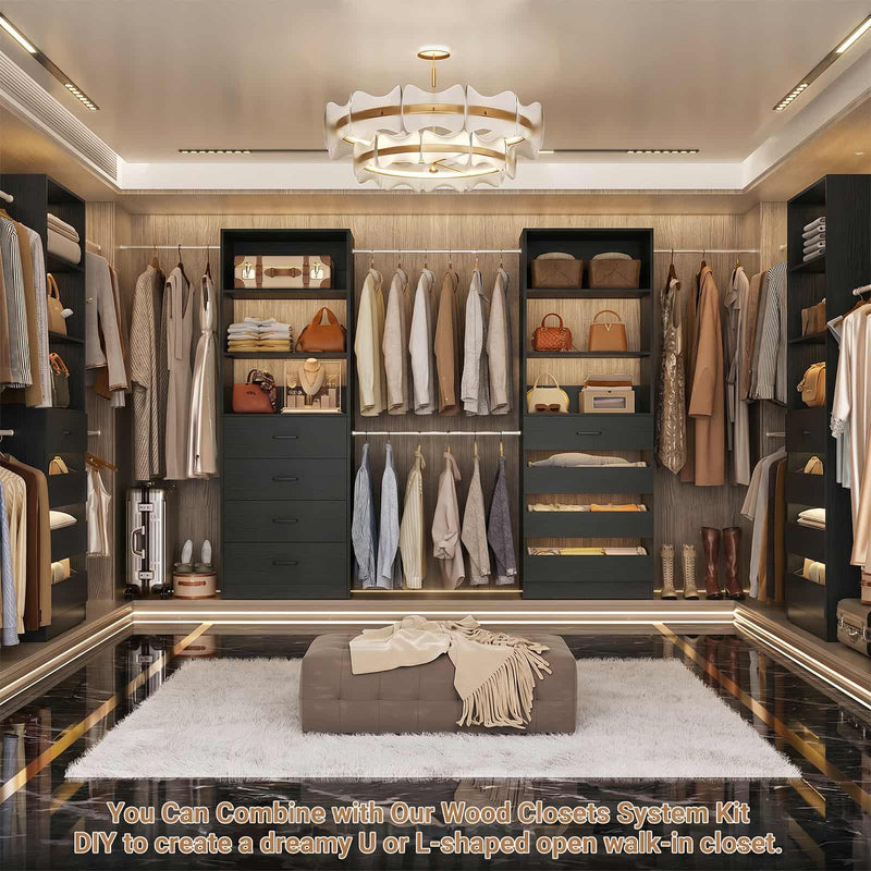 Modular Wood Closet Organizer System (6-15 ft) with 8 Drawers & 4 Hanging Rods