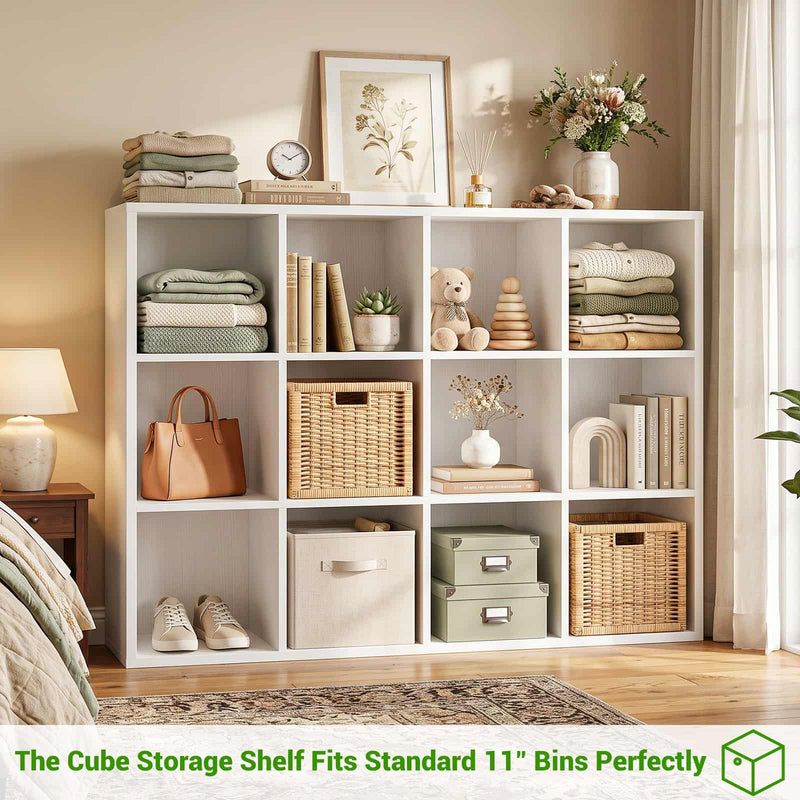 47.7" Wide 12-Cube Storage Shelf Bookcase, Wooden Open Organizer with Full Back Panel, Fits 11x11" Bins, Bookcase for Home Office, Bedroom
