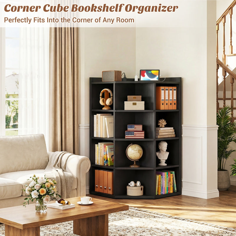 4-Tier 15 Cube Corner Bookshelf with Power Outlets
