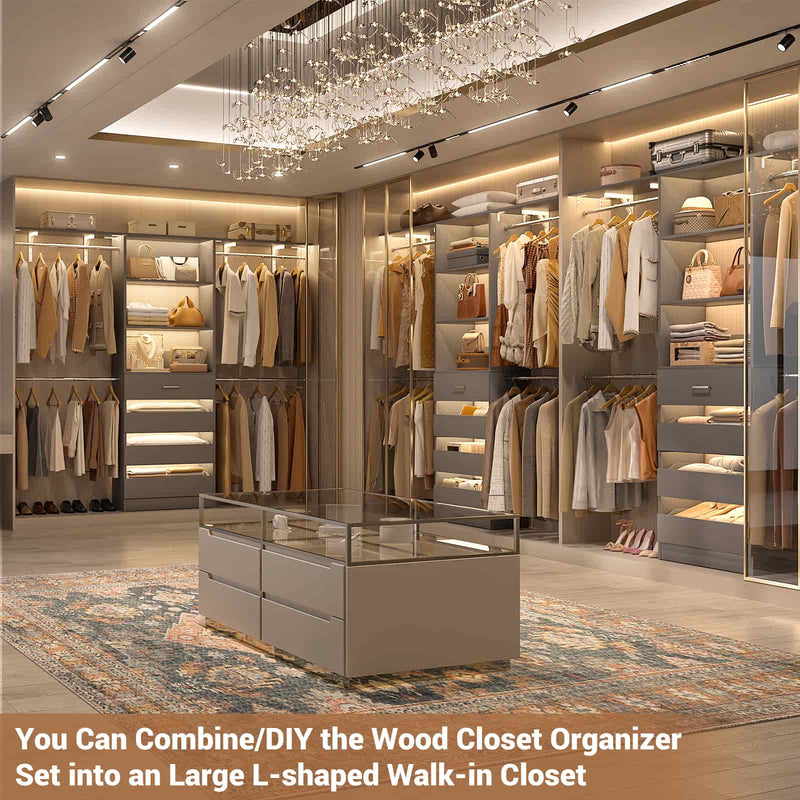 Closet System with 4 Drawers, 8FT Wood Closet Organizer Built In System Tower with Shelves & 4 Rods