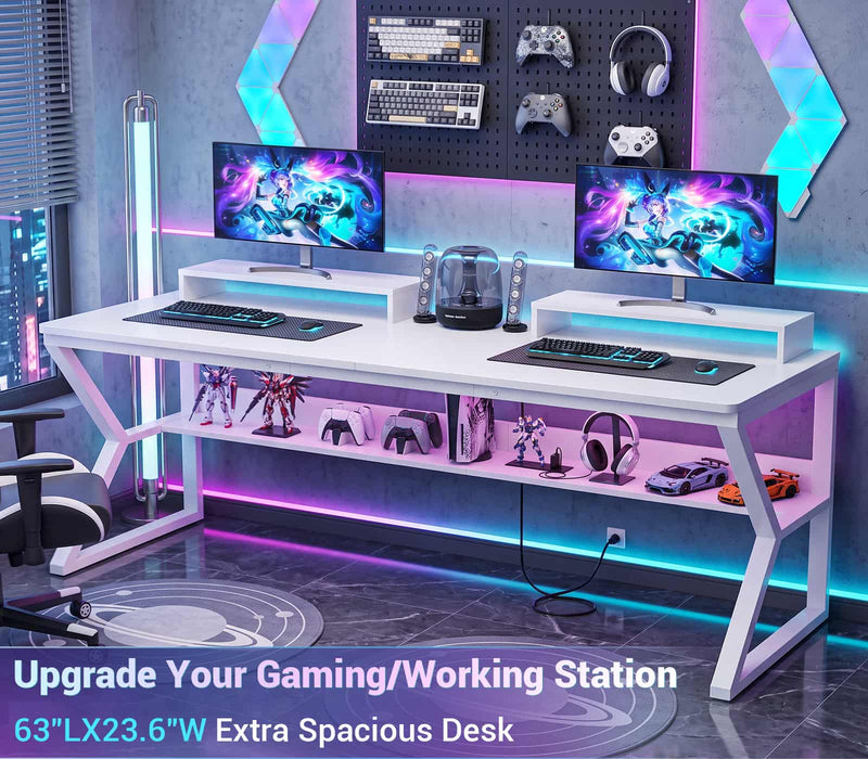 63-Inch Two-Person Computer Desk with Power Outlets, Storage Shelf