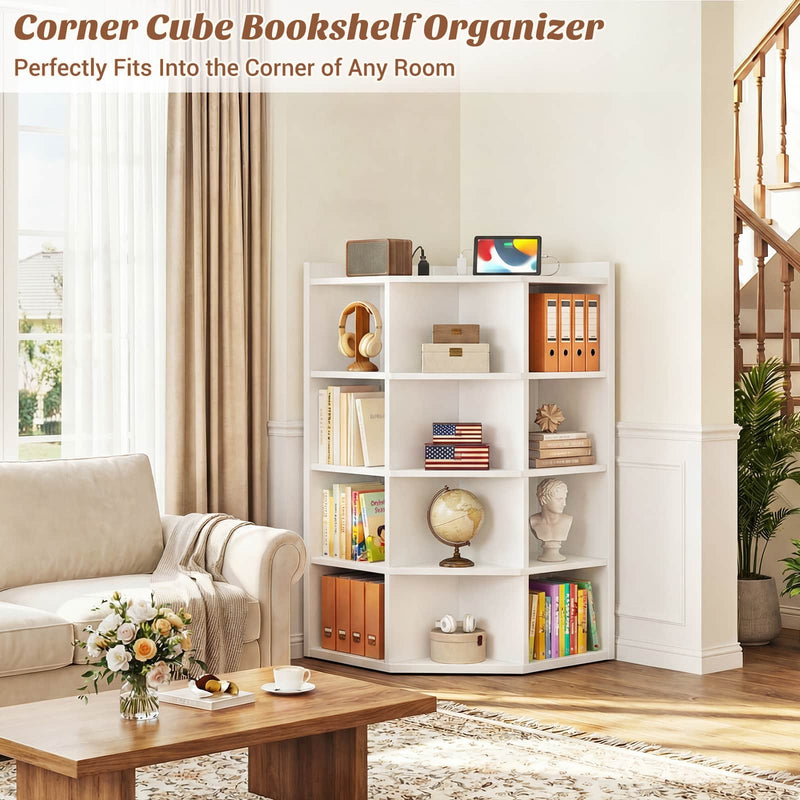 4-Tier 15 Cube Corner Bookshelf with Power Outlets