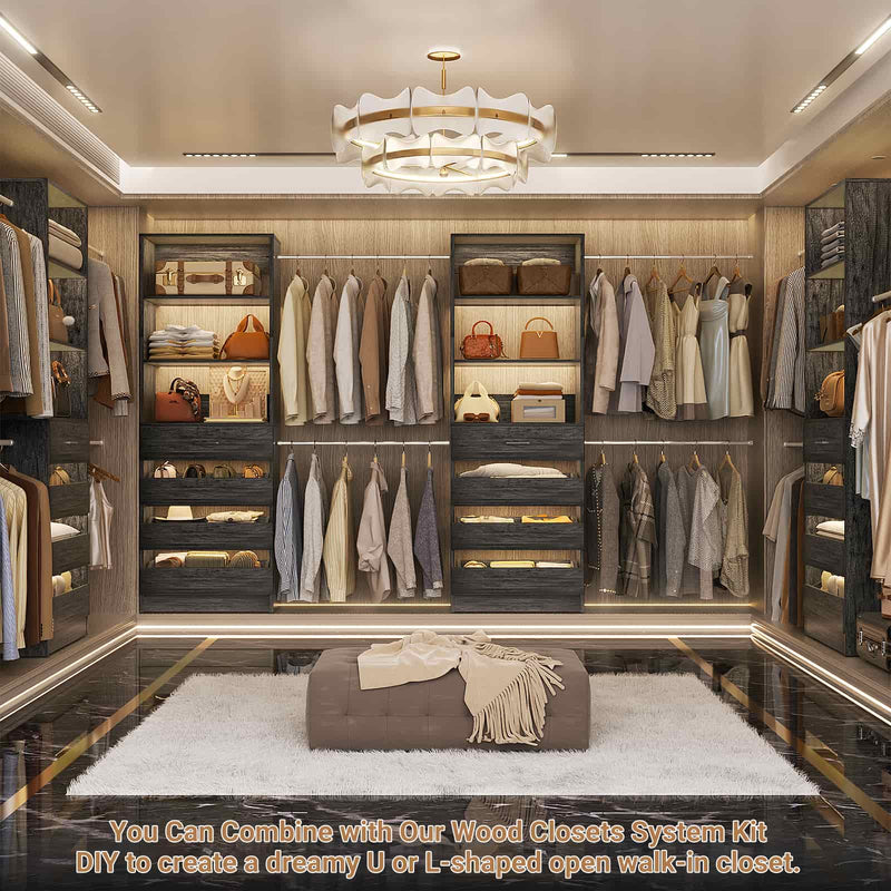 Modular Wood Closet Organizer System (6-15 ft) with 8 Drawers & 4 Hanging Rods