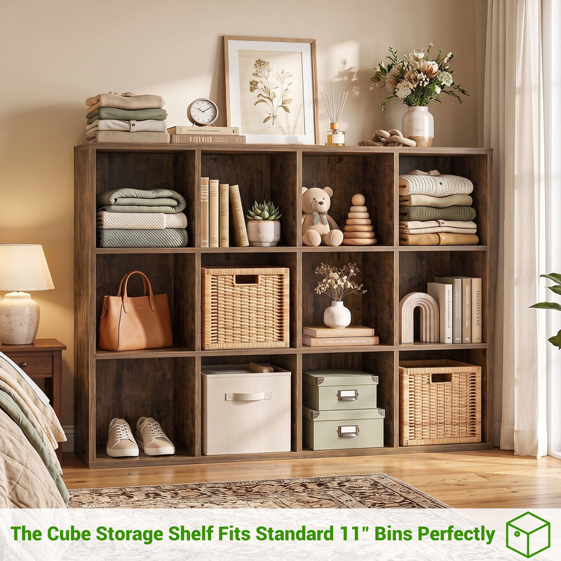 47.7" Wide 12-Cube Storage Shelf Bookcase, Wooden Open Organizer with Full Back Panel, Fits 11x11" Bins, Bookcase for Home Office, Bedroom