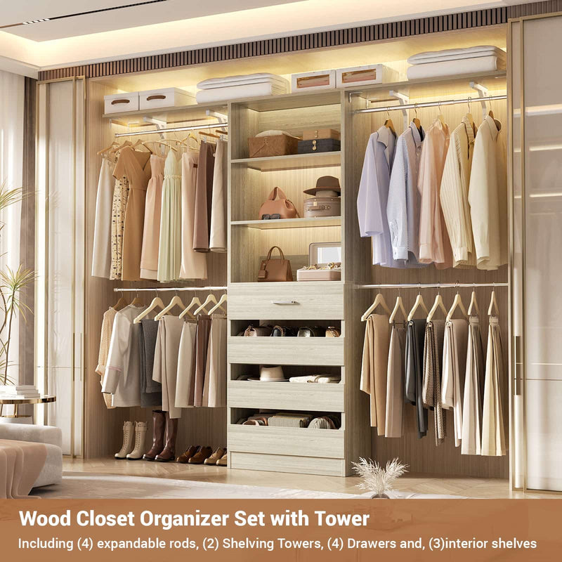 Closet System with 4 Drawers, 8FT Wood Closet Organizer Built In System Tower with Shelves & 4 Rods