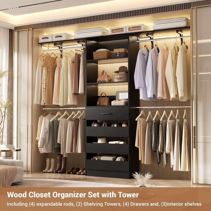 Closet System with 4 Drawers, 8FT Wood Closet Organizer Built In System Tower with Shelves & 4 Rods