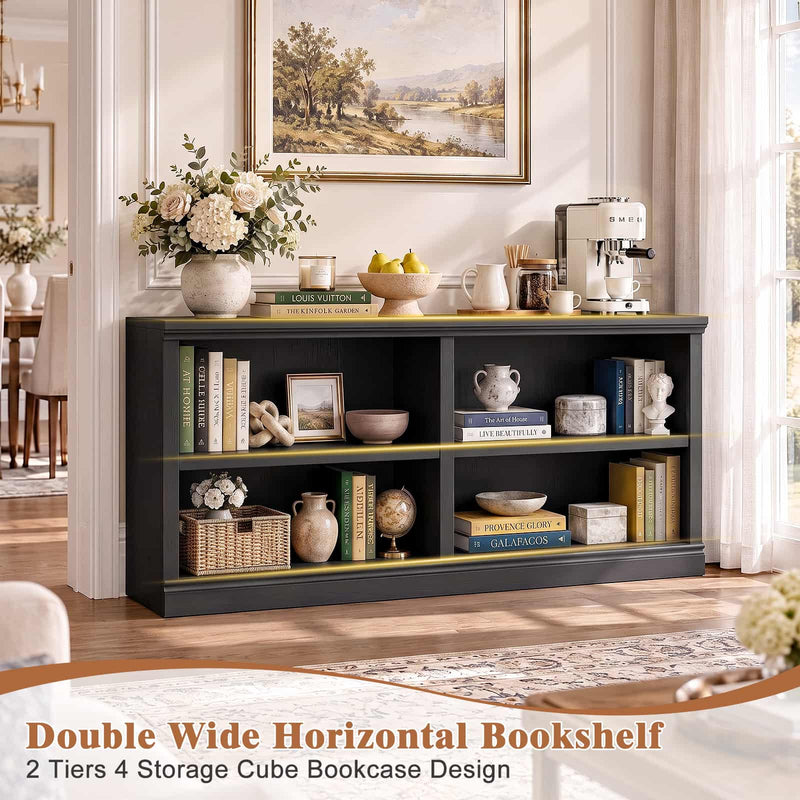 47" Wide Horizontal Bookshelf, 2-Tier 4 Cube Wooden Low Bookcase, Short Open Storage Organizer & TV Stand for Living Room, Home Office