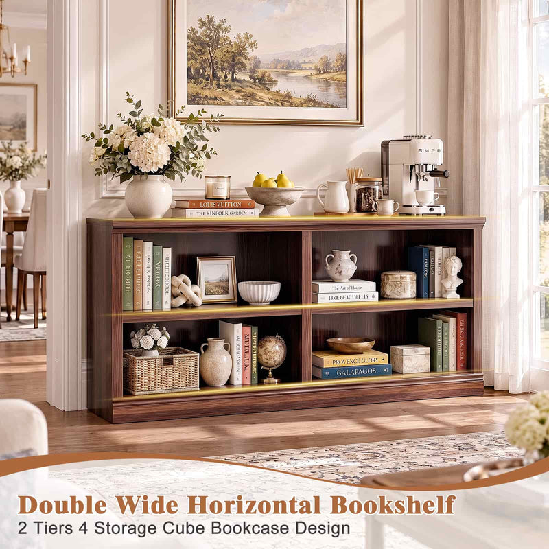 47" Wide Horizontal Bookshelf, 2-Tier 4 Cube Wooden Low Bookcase, Short Open Storage Organizer & TV Stand for Living Room, Home Office