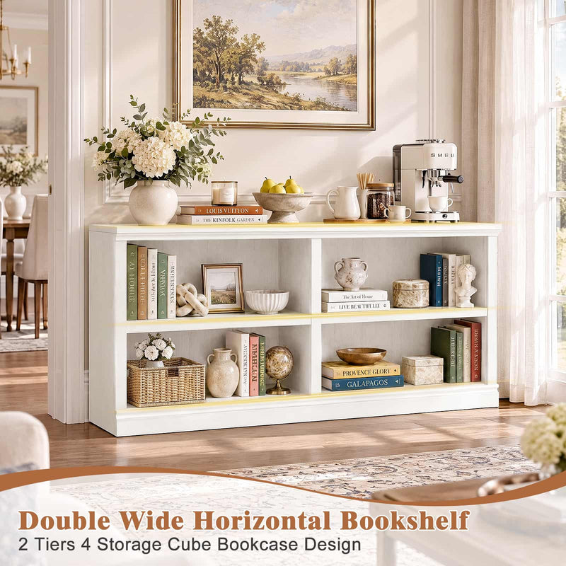 47" Wide Horizontal Bookshelf, 2-Tier 4 Cube Wooden Low Bookcase, Short Open Storage Organizer & TV Stand for Living Room, Home Office