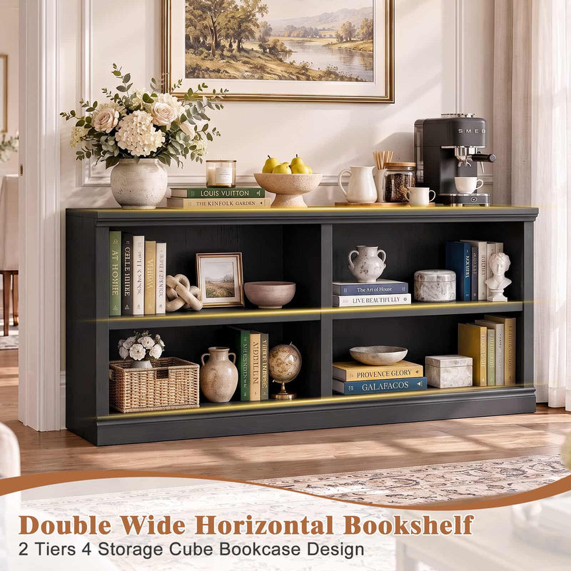 63" Wide Horizontal Bookshelf, 2-Tier 4 Cube Wooden Low Bookcase, Modern Long Open Storage Organizer Cabinet & TV Stand for Living Room, Home Office