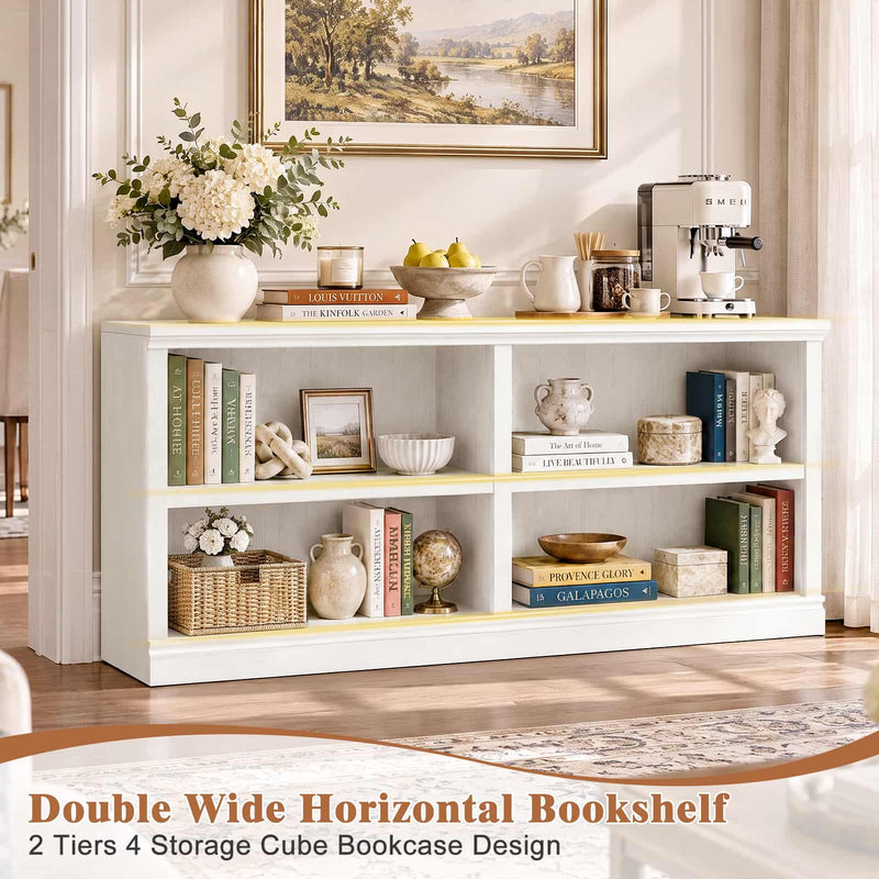 63" Wide Horizontal Bookshelf, 2-Tier 4 Cube Wooden Low Bookcase, Modern Long Open Storage Organizer Cabinet & TV Stand for Living Room, Home Office