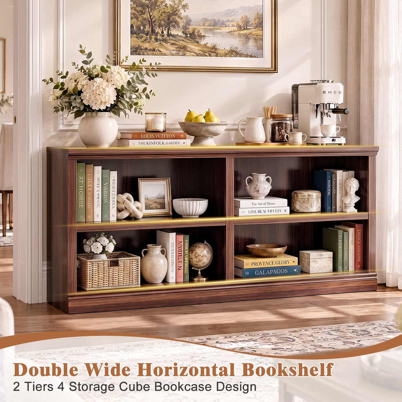 63" Wide Horizontal Bookshelf, 2-Tier 4 Cube Wooden Low Bookcase, Modern Long Open Storage Organizer Cabinet & TV Stand for Living Room, Home Office