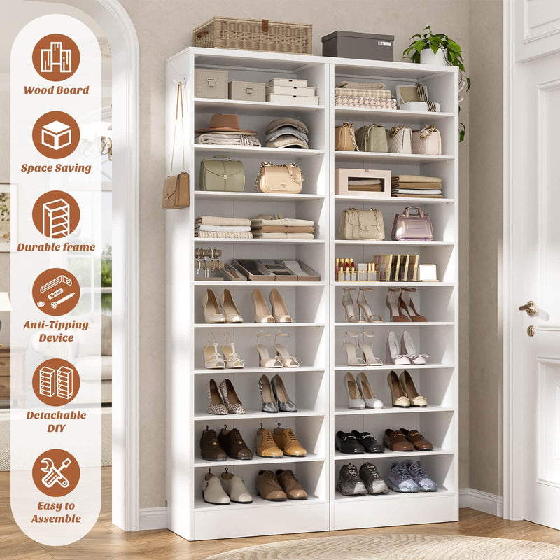 10-Tier Freestanding Wooden Shoe Rack Cabinet，2Pack