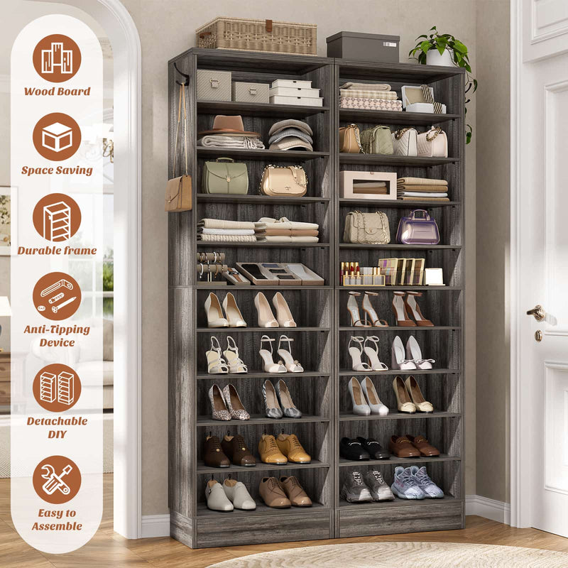 10-Tier Freestanding Wooden Shoe Rack Cabinet，2Pack
