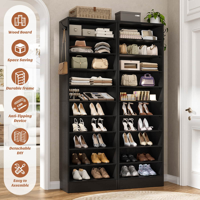 10-Tier Freestanding Wooden Shoe Rack Cabinet，2Pack
