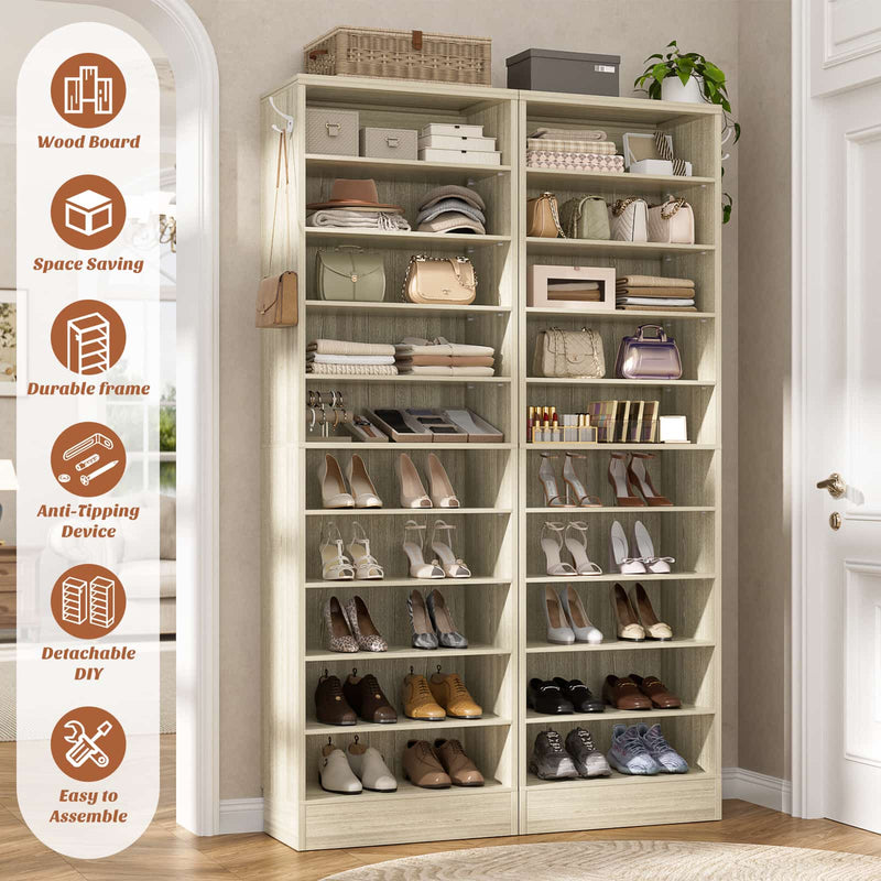 10-Tier Freestanding Wooden Shoe Rack Cabinet，2Pack