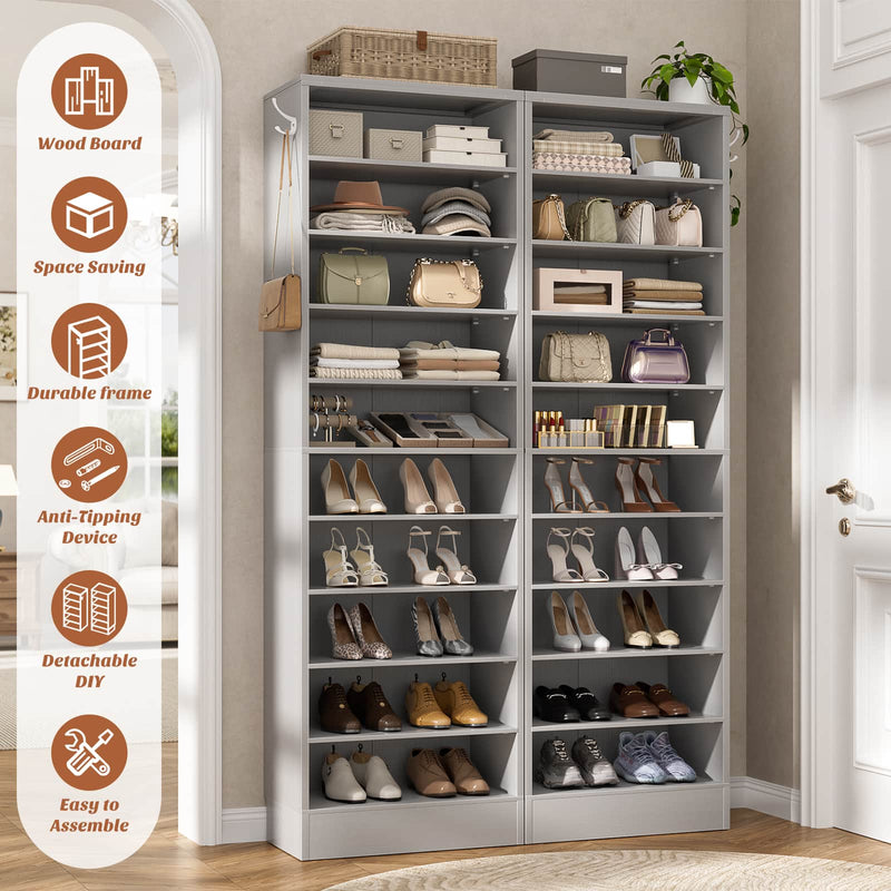 10-Tier Freestanding Wooden Shoe Rack Cabinet，2Pack