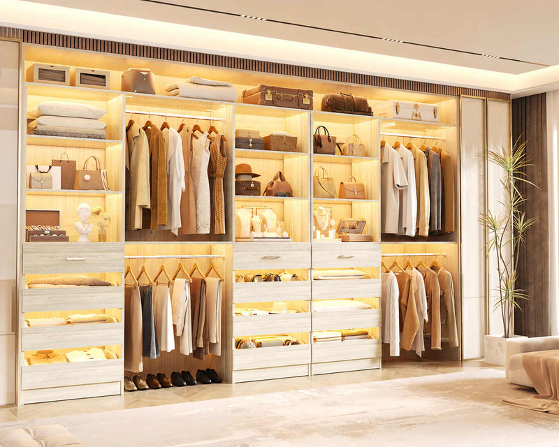 138.5" Long Wood Walk-in Closets Wardrobe Organizer with 12 Drawers and 4 Hanging Rods, Top Shelves, Set of 3