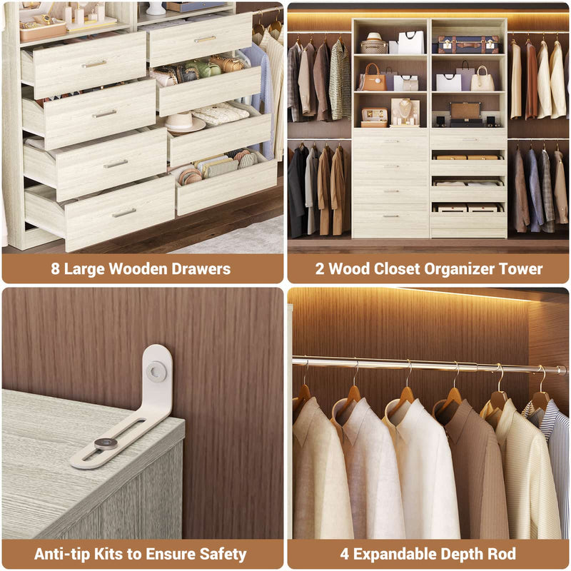 Modular Wood Closet Organizer System (6-15 ft) with 8 Drawers & 4 Hanging Rods