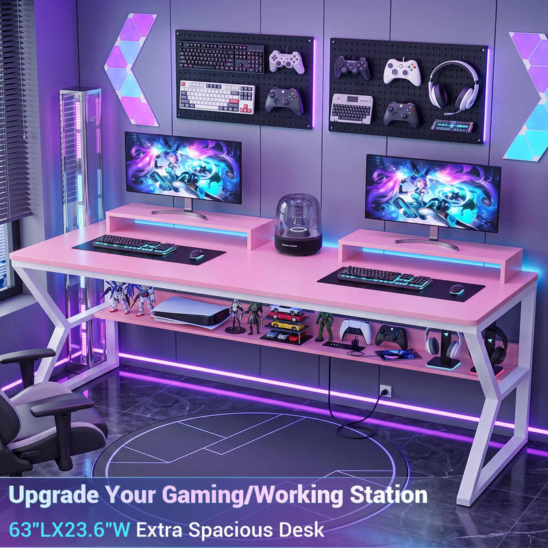 63-Inch Two-Person Computer Desk with Power Outlets, Storage Shelf