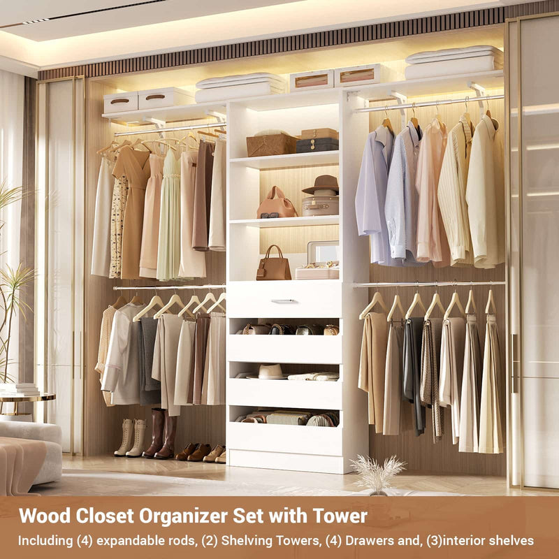 Closet System with 4 Drawers, 8FT Wood Closet Organizer Built In System Tower with Shelves & 4 Rods