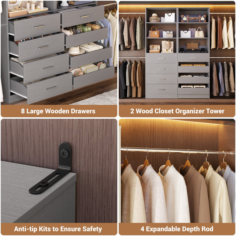 Modular Wood Closet Organizer System (6-15 ft) with 8 Drawers & 4 Hanging Rods