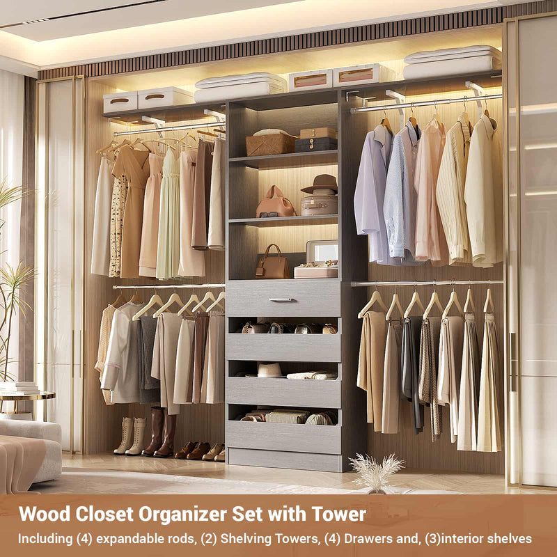 Closet System with 4 Drawers, 8FT Wood Closet Organizer Built In System Tower with Shelves & 4 Rods