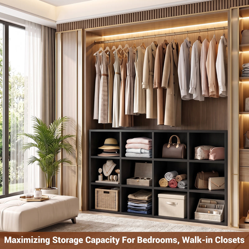 47.7" Wide 12-Cube Storage Shelf Bookcase, Wooden Open Organizer with Full Back Panel, Fits 11x11" Bins, Bookcase for Home Office, Bedroom