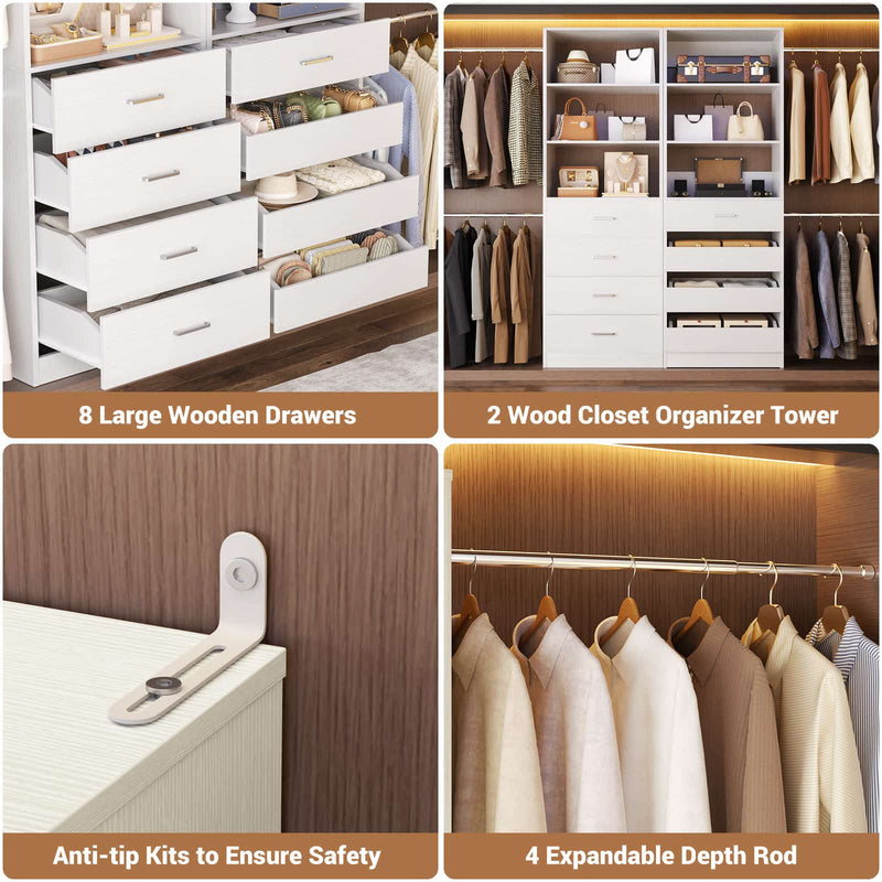 Modular Wood Closet Organizer System (6-15 ft) with 8 Drawers & 4 Hanging Rods
