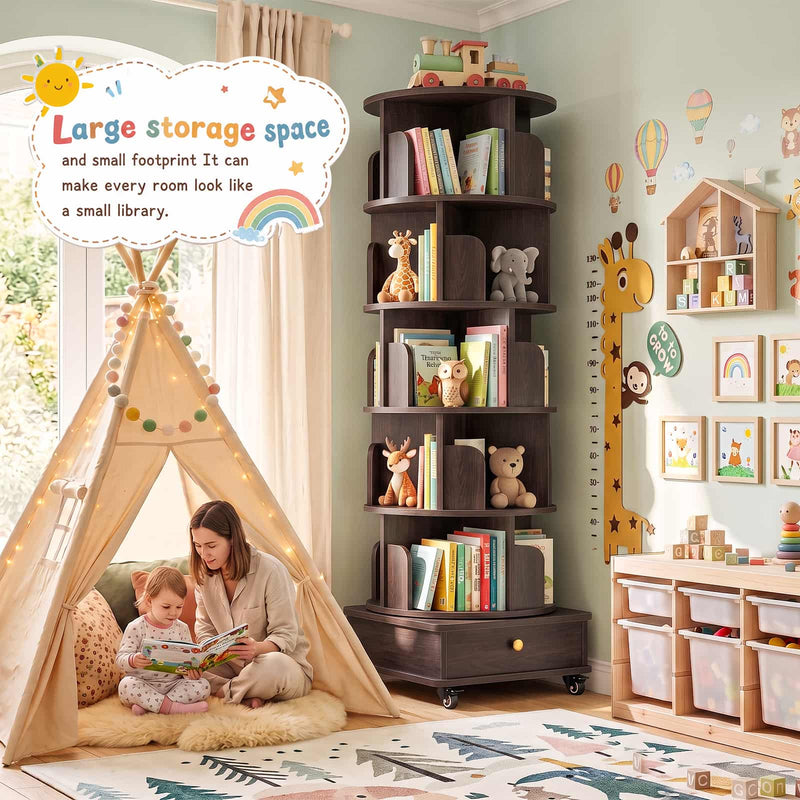 5-Tier Rotating Bookshelf, Corner Book Shelf with Drawer & Wheels, 70" Tall Solid Wood Spinning Bookcase