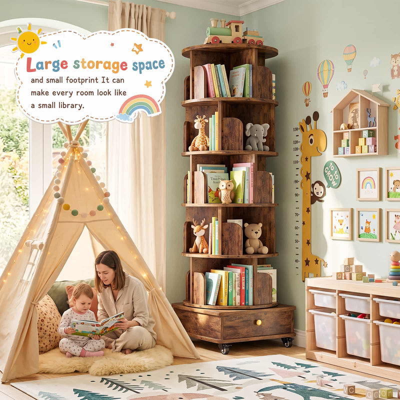 5-Tier Rotating Bookshelf, Corner Book Shelf with Drawer & Wheels, 70" Tall Solid Wood Spinning Bookcase
